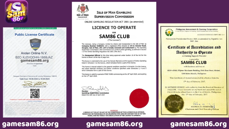 chứng nhận hoạt động hợp pháp của sam86