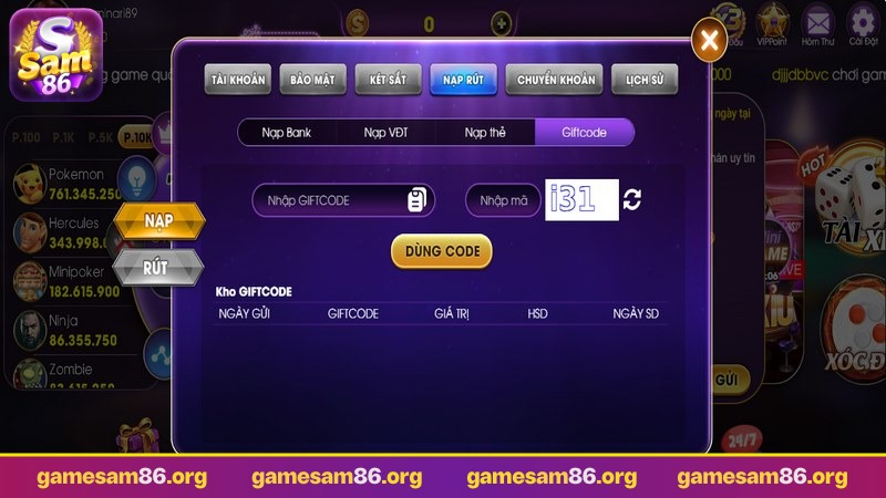 giftcode sam86 cần nhập đúng mã