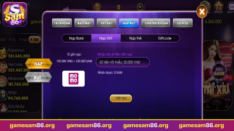 nạp tiền sam86 nhập số tiền muốn chuyển